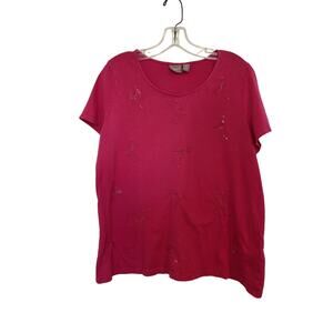 Chico's Flamingo Embroidered Sequin Pink Short Sleeve Top Size 2 Large Vacation